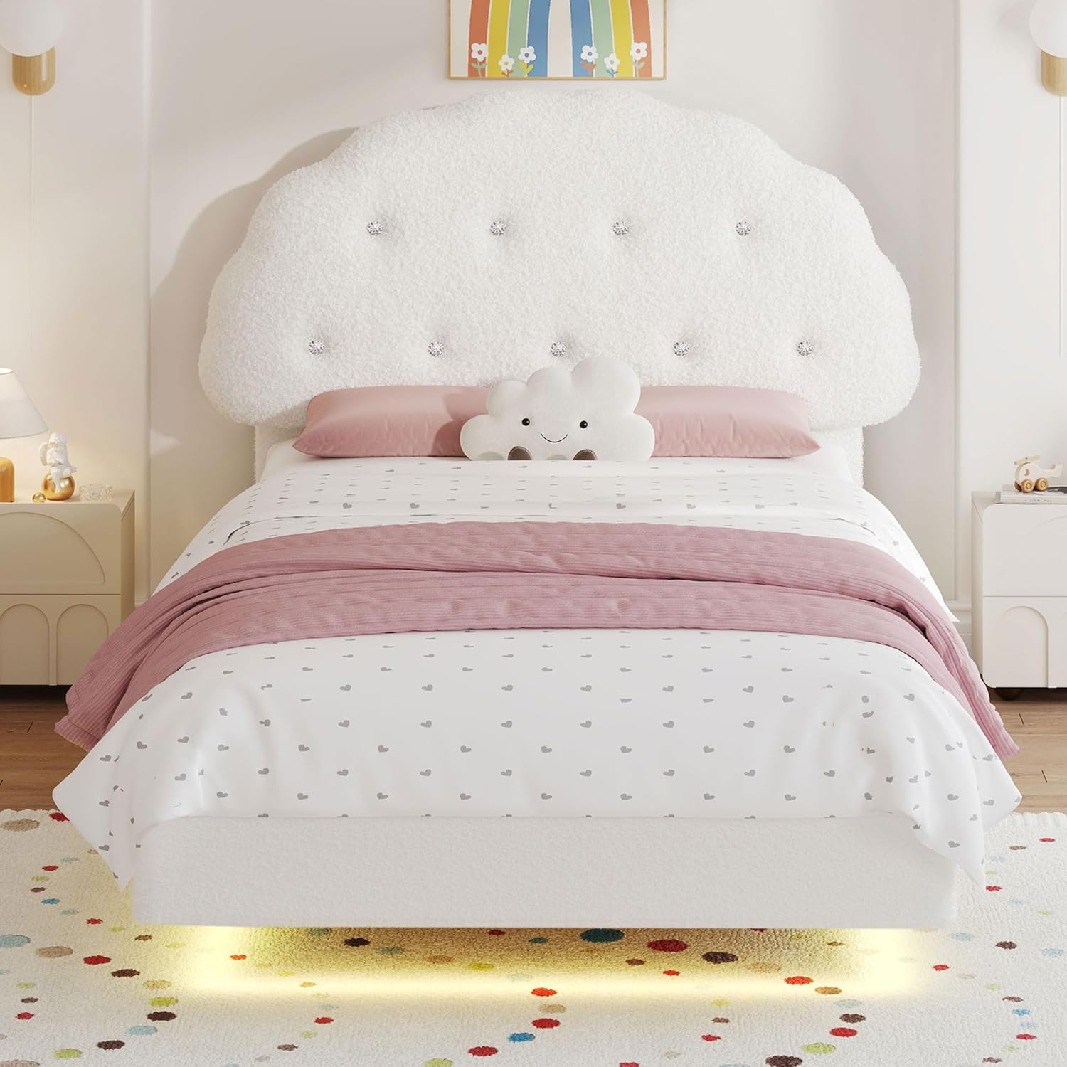 Kids Cookie Upholstered LED Floating Bed Frame with Adjustable Headboard – Teddy Velvet