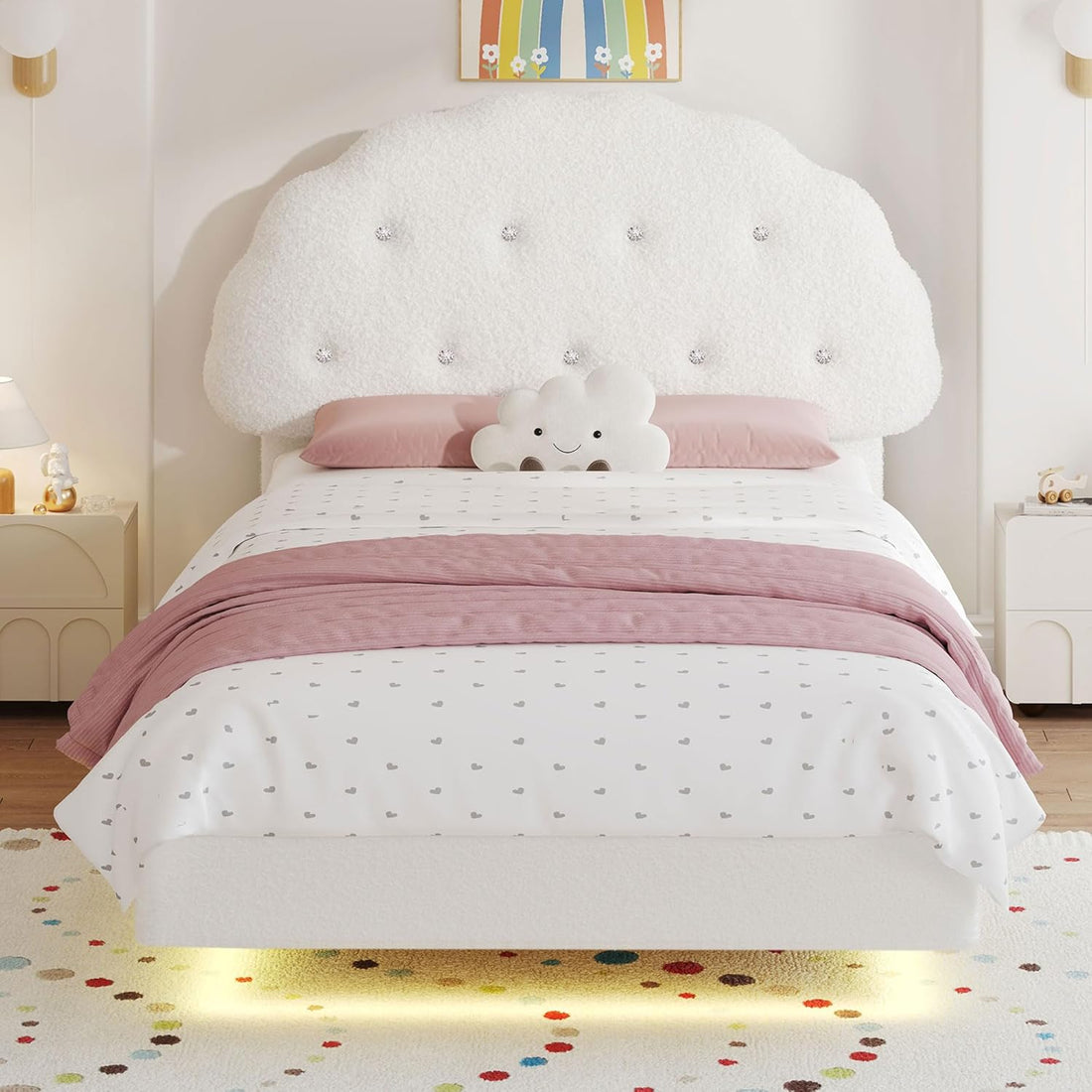 Kids Cookie Upholstered LED Floating Bed Frame with Adjustable Headboard – Teddy Velvet
