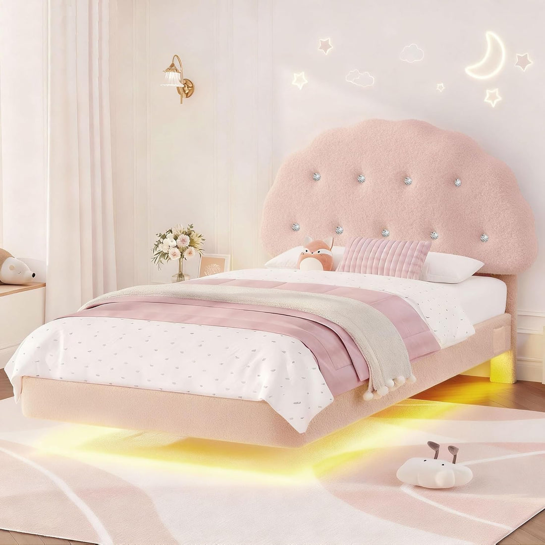Kids Cookie Upholstered LED Floating Bed Frame with Adjustable Headboard – Teddy Velvet