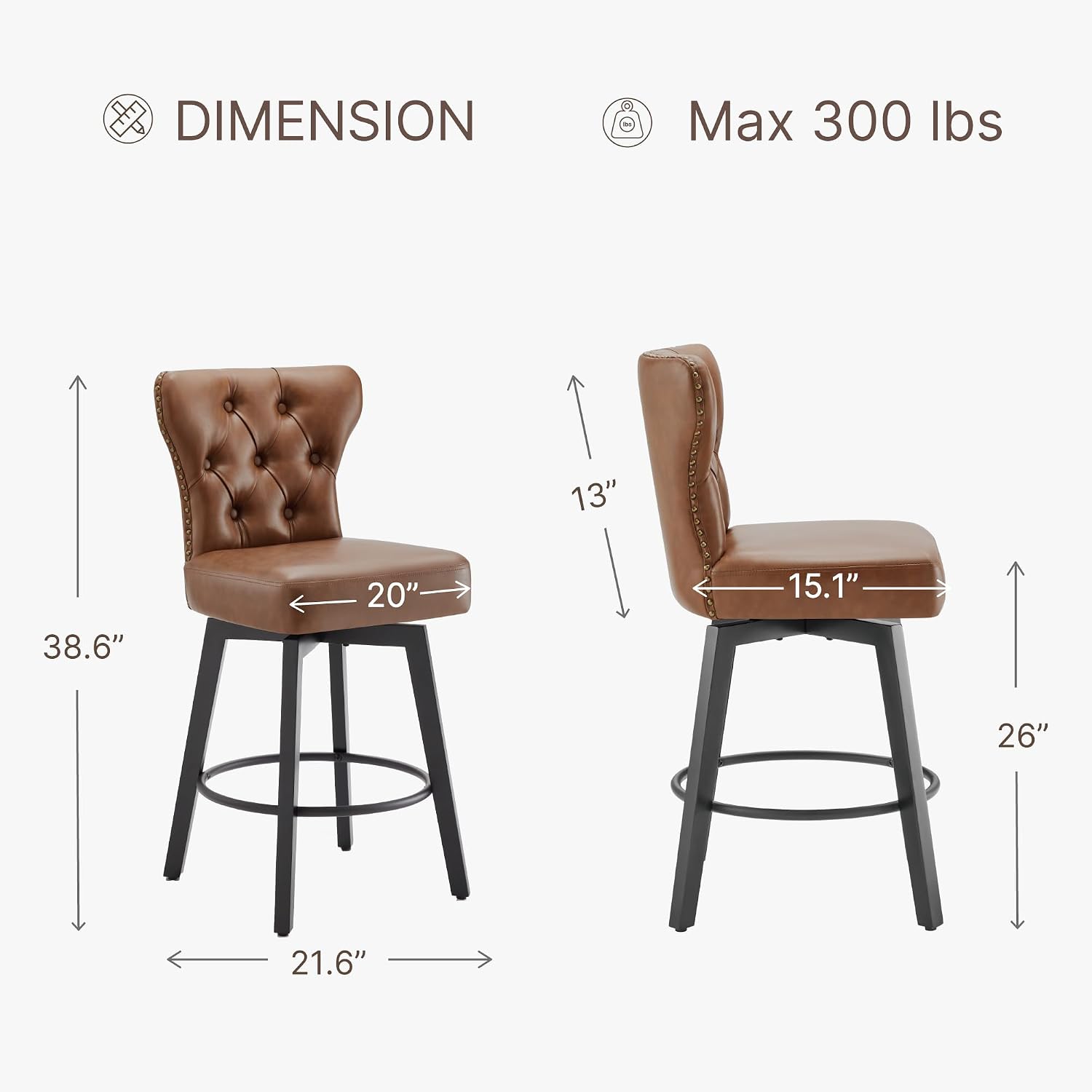 New Counter Height Bar Stools Set of 2 – 26-Inch Upholstered Button Tufted Swivel Barstools