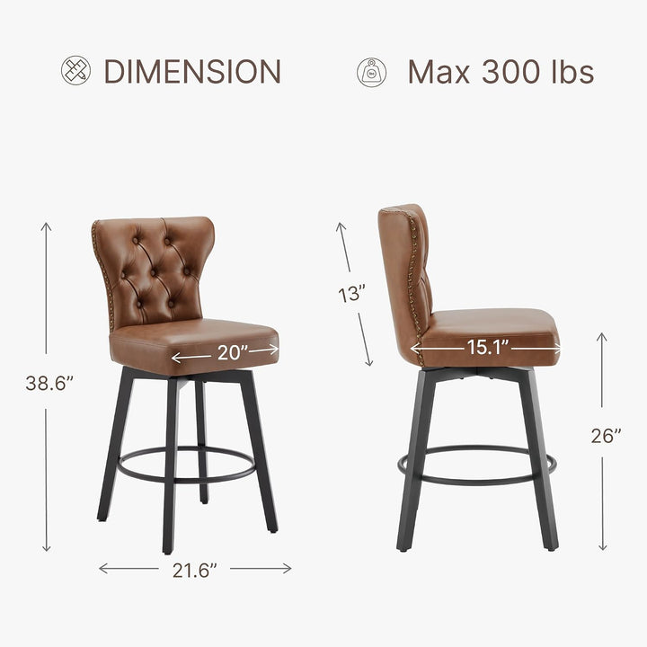 New Counter Height Bar Stools Set of 2 – 26-Inch Upholstered Button Tufted Swivel Barstools