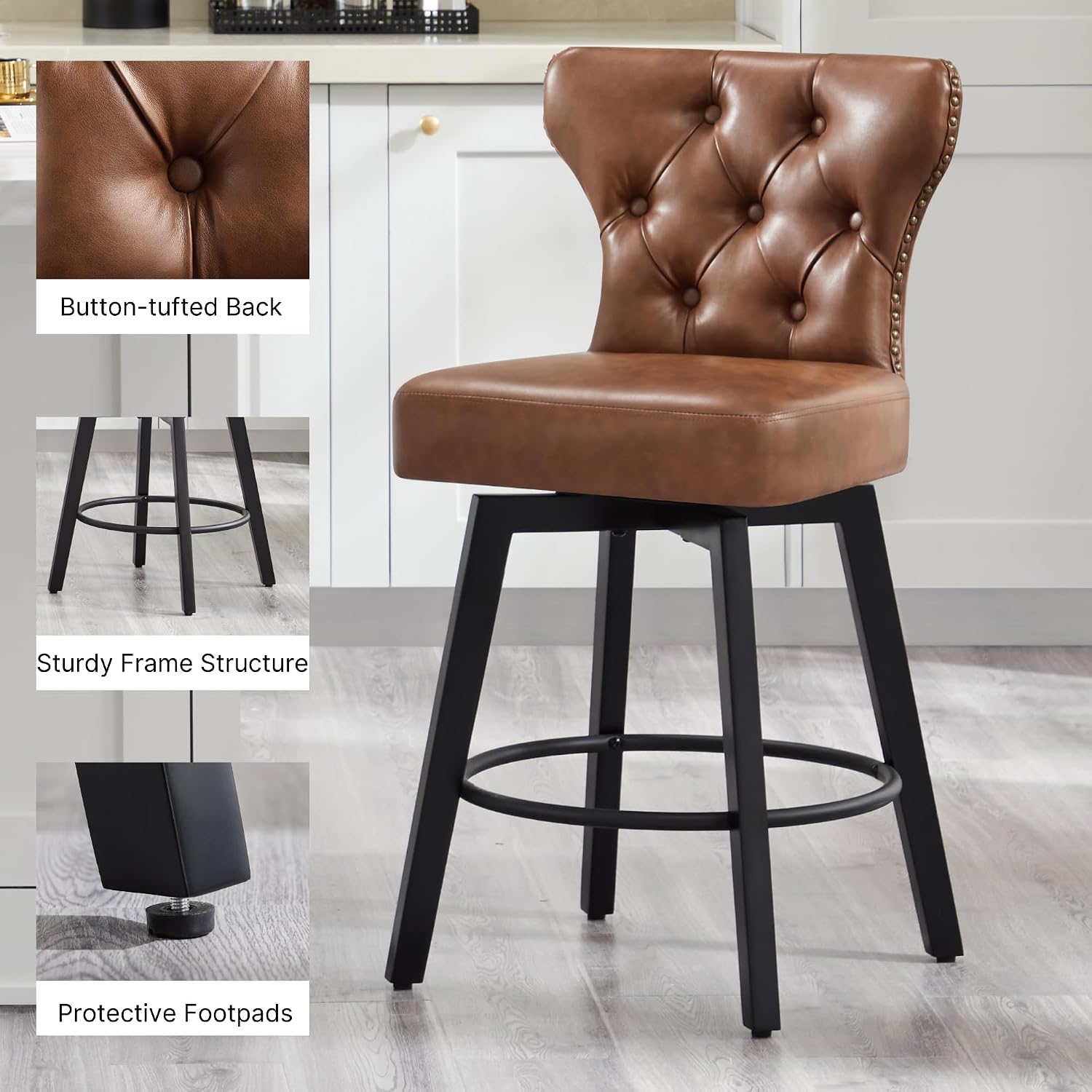 New Counter Height Bar Stools Set of 2 – 26-Inch Upholstered Button Tufted Swivel Barstools