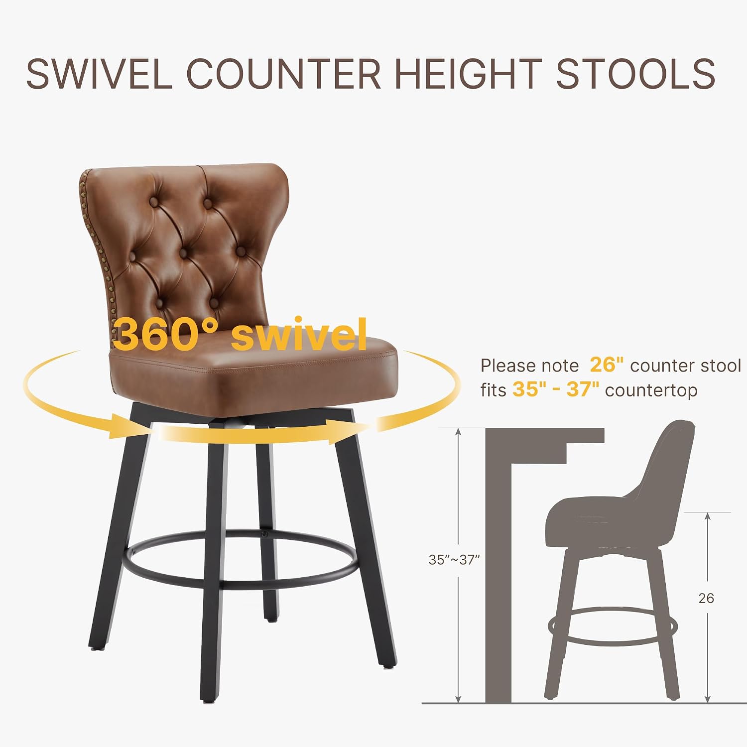 New Counter Height Bar Stools Set of 2 – 26-Inch Upholstered Button Tufted Swivel Barstools