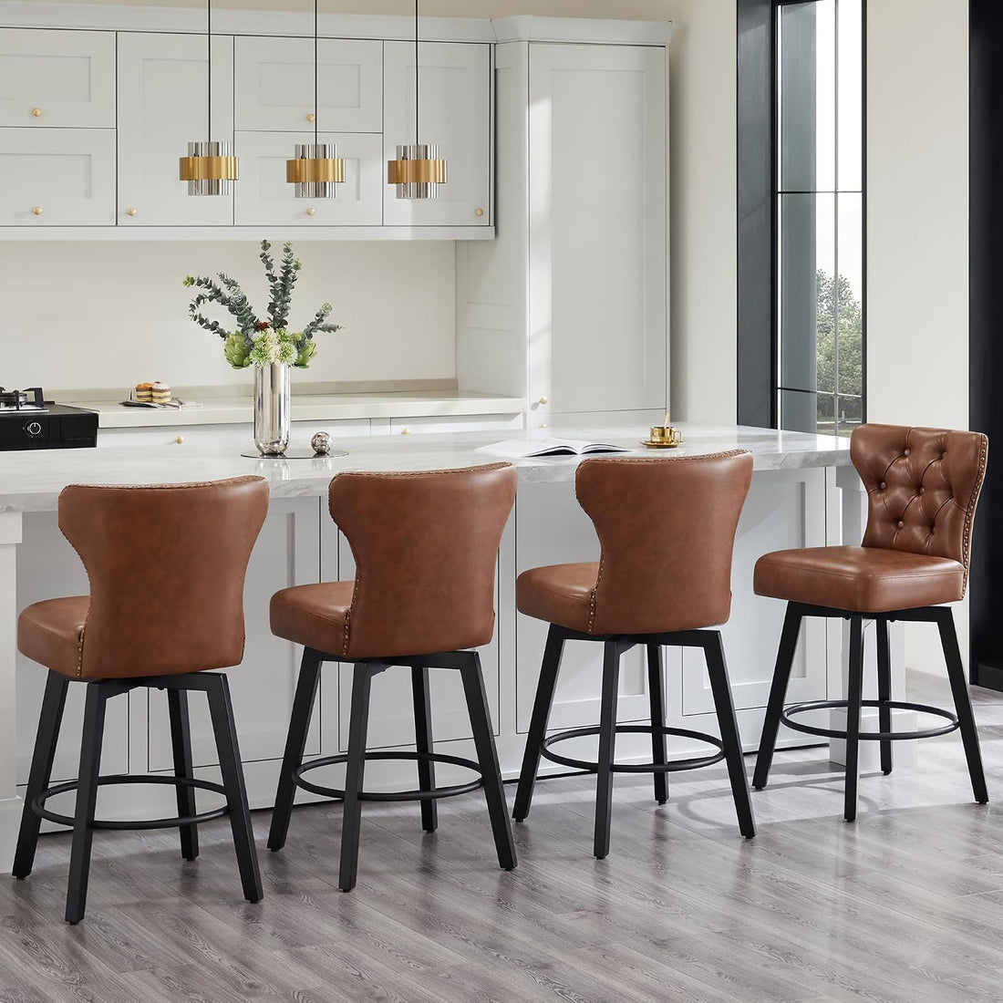 New Counter Height Bar Stools Set of 2 – 26-Inch Upholstered Button Tufted Swivel Barstools