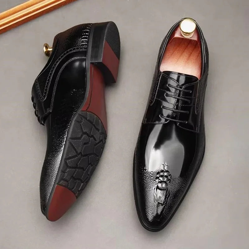 New Men's Leather Shoes – Pointed-Toe Lace-Up Patent Dress Shoes