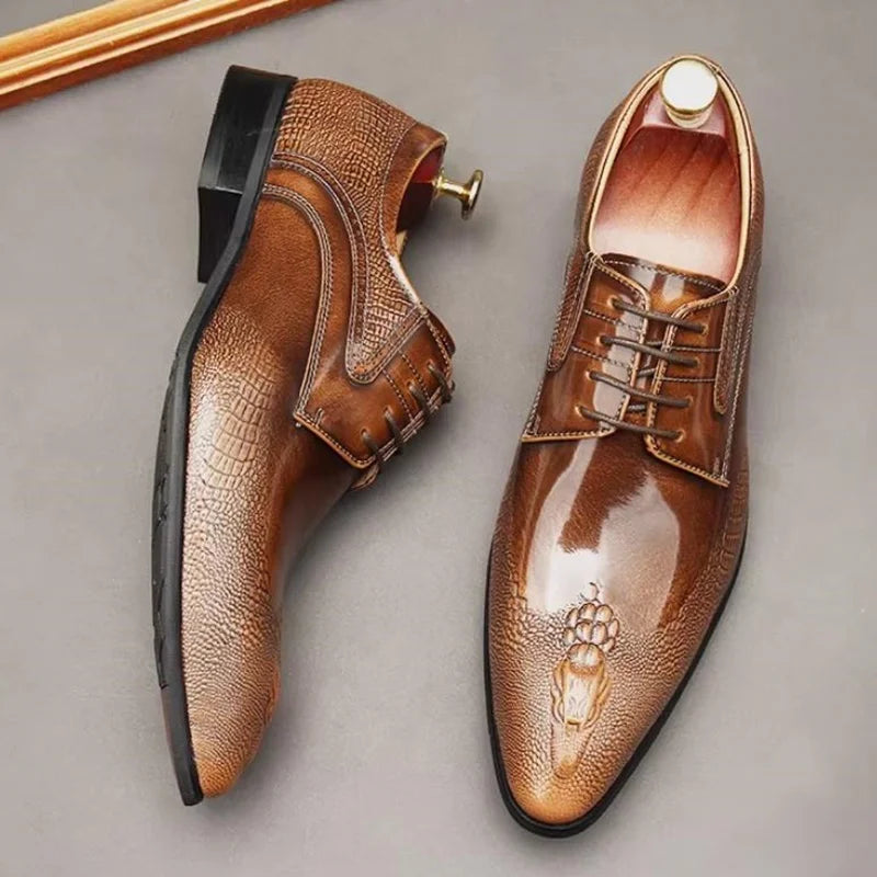 New Men's Leather Shoes – Pointed-Toe Lace-Up Patent Dress Shoes