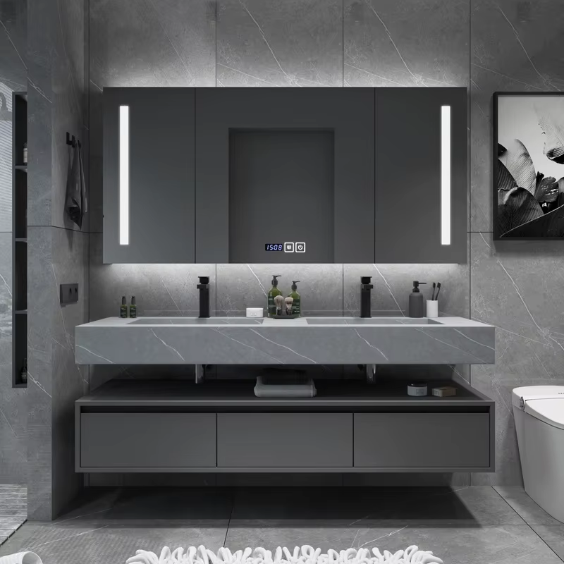 Luxury Bathroom Cabinet - Grey Solid Wood Double Sink Vanity