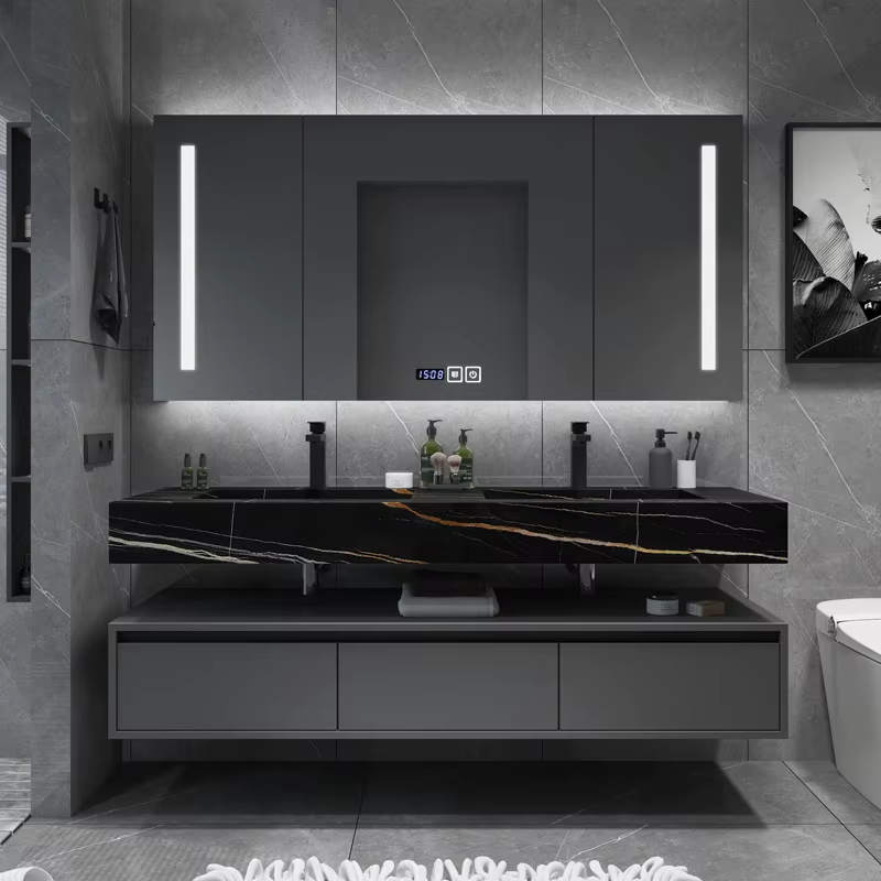 Luxury Bathroom Cabinet - Grey Solid Wood Double Sink Vanity
