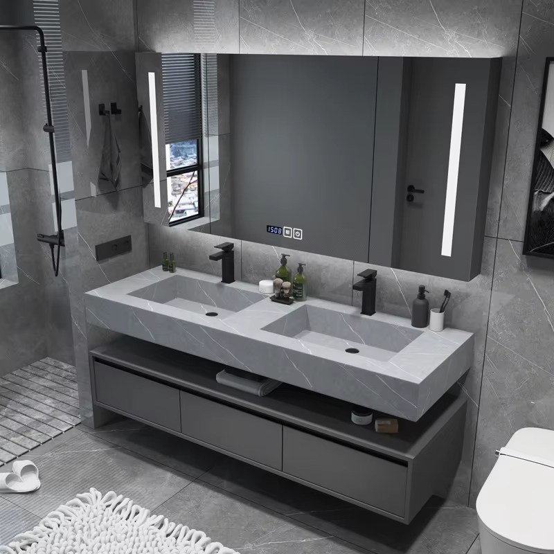 Luxury Bathroom Cabinet - Grey Solid Wood Double Sink Vanity