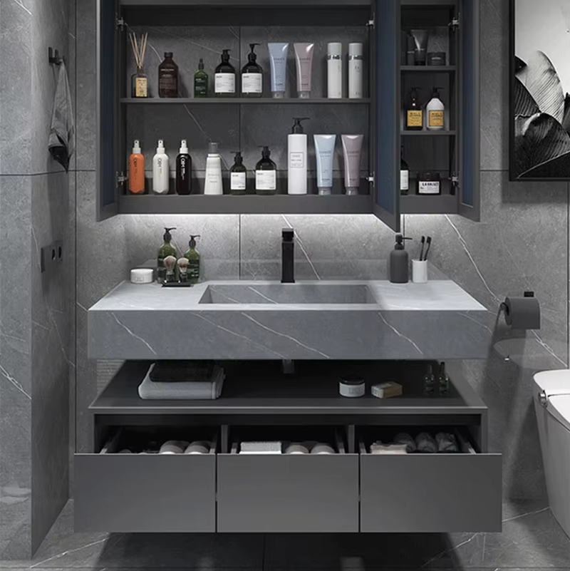 Luxury Bathroom Cabinet - Grey Solid Wood Double Sink Vanity