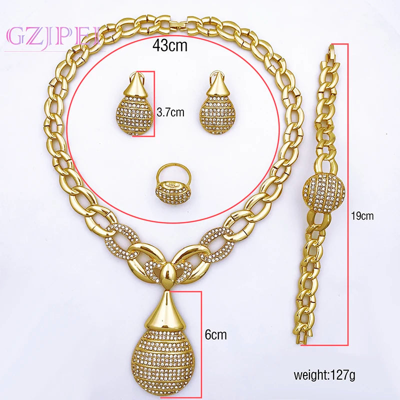 Dubai Gold Color Jewelry Sets Italy 18K Gold Plated Necklace Earrings Ring Bracelet Classic Design 4Pcs Set Party Jewelry