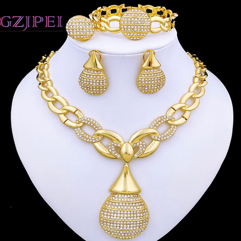 Dubai Gold Color Jewelry Sets Italy 18K Gold Plated Necklace Earrings Ring Bracelet Classic Design 4Pcs Set Party Jewelry