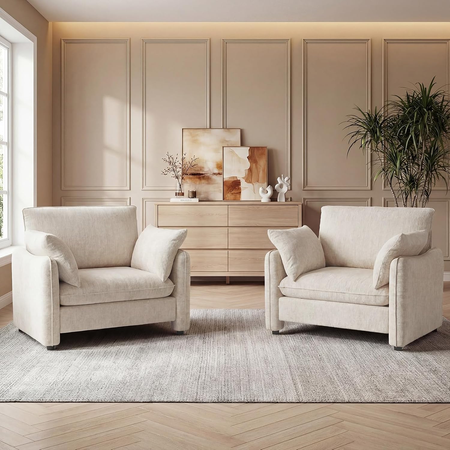 Accent Chair 42.1” Upholstered Modern Single Armchair – Ergonomic Backrest with 2 Pillows, Contemporary Piping Lounge Chai