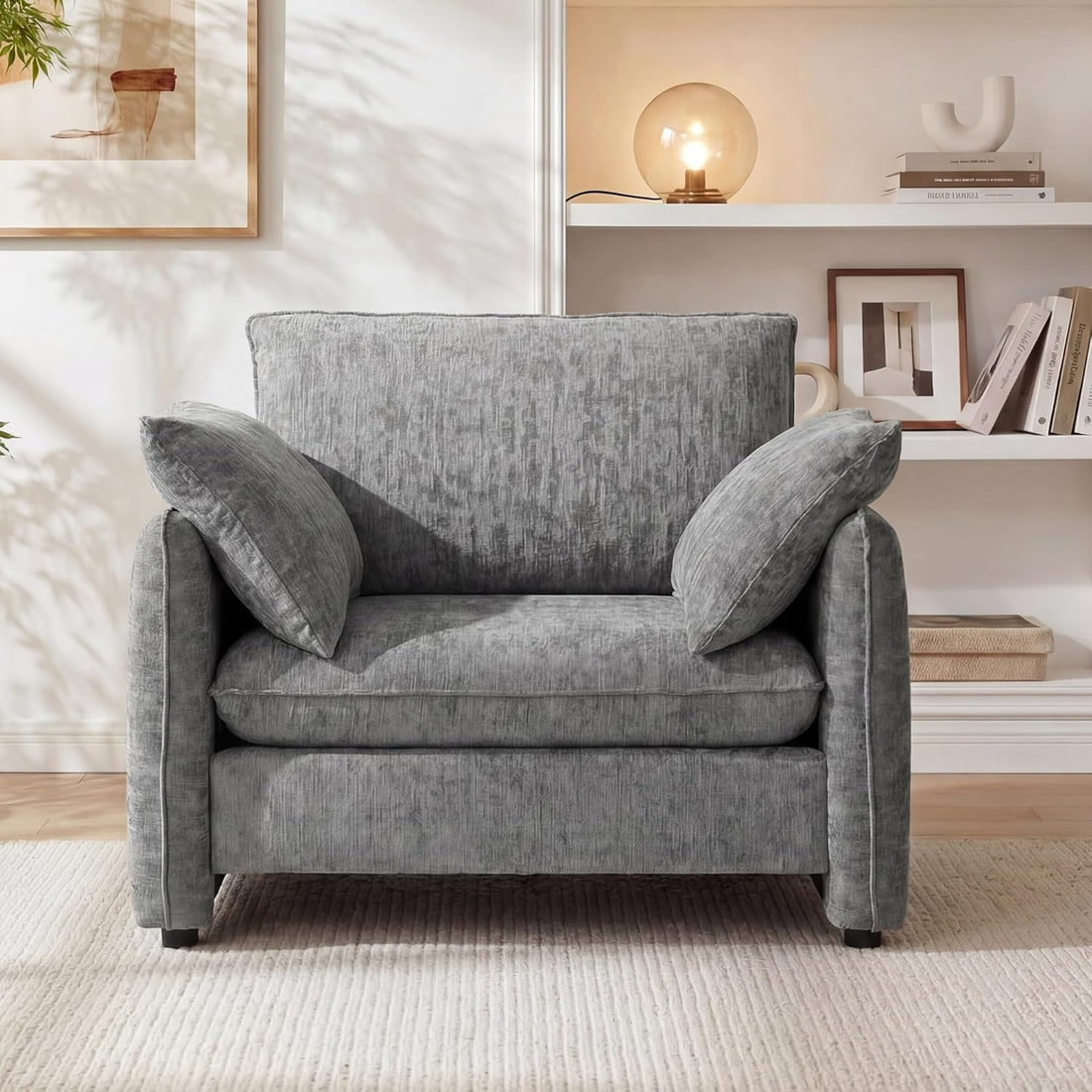 Accent Chair 42.1” Upholstered Modern Single Armchair – Ergonomic Backrest with 2 Pillows, Contemporary Piping Lounge Chai