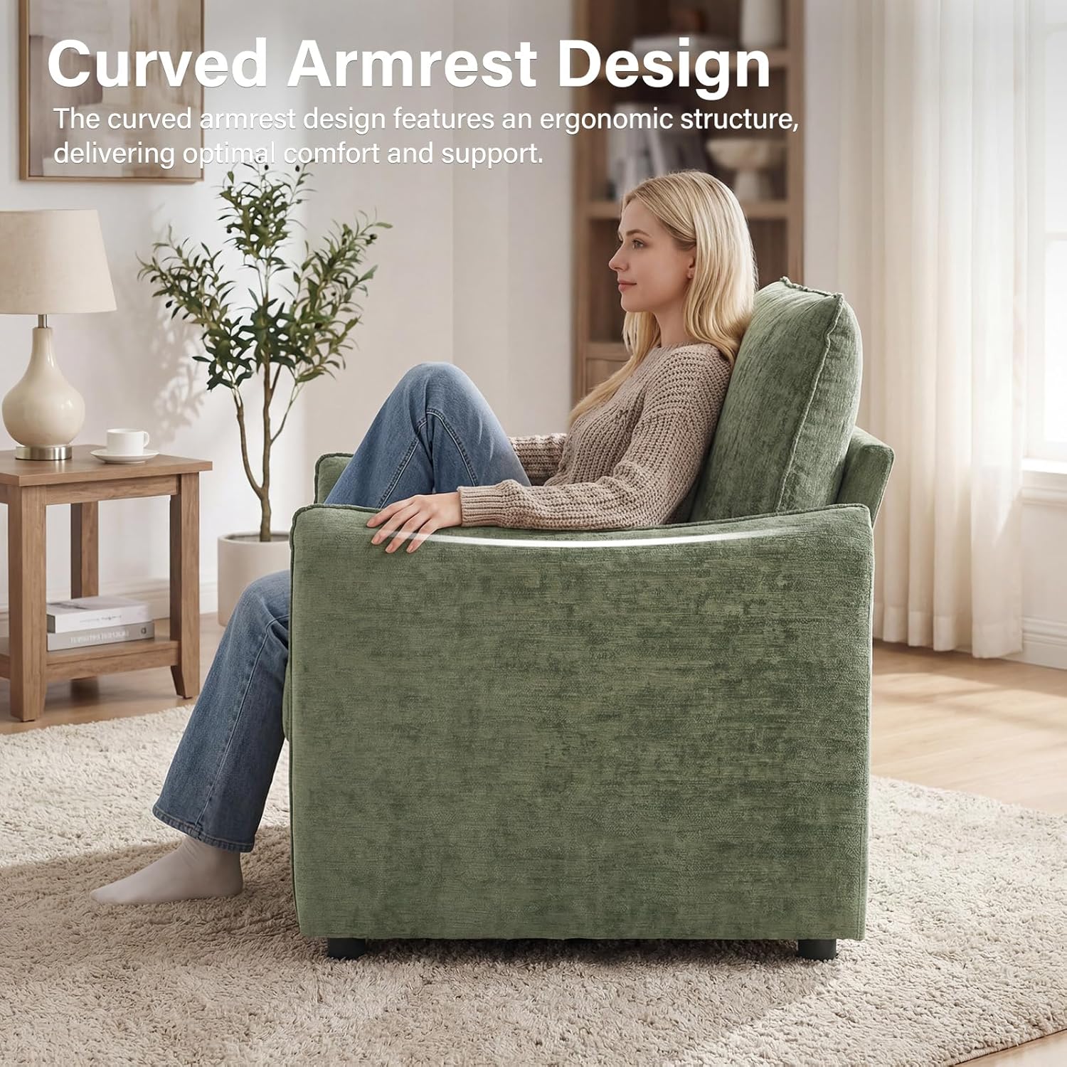 Accent Chair 42.1” Upholstered Modern Single Armchair – Ergonomic Backrest with 2 Pillows, Contemporary Piping Lounge Chai