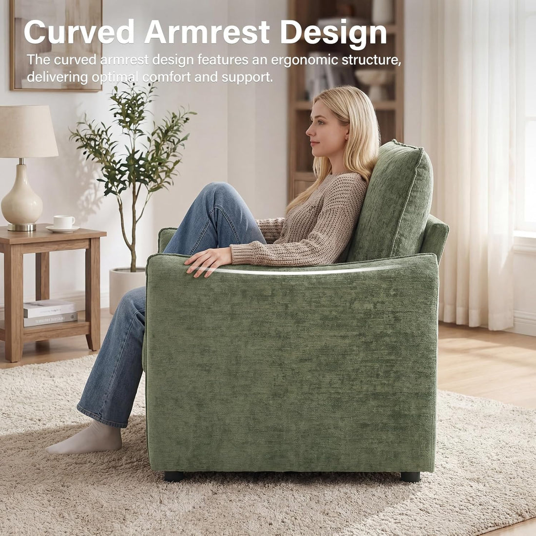 Accent Chair 42.1” Upholstered Modern Single Armchair – Ergonomic Backrest with 2 Pillows, Contemporary Piping Lounge Chai