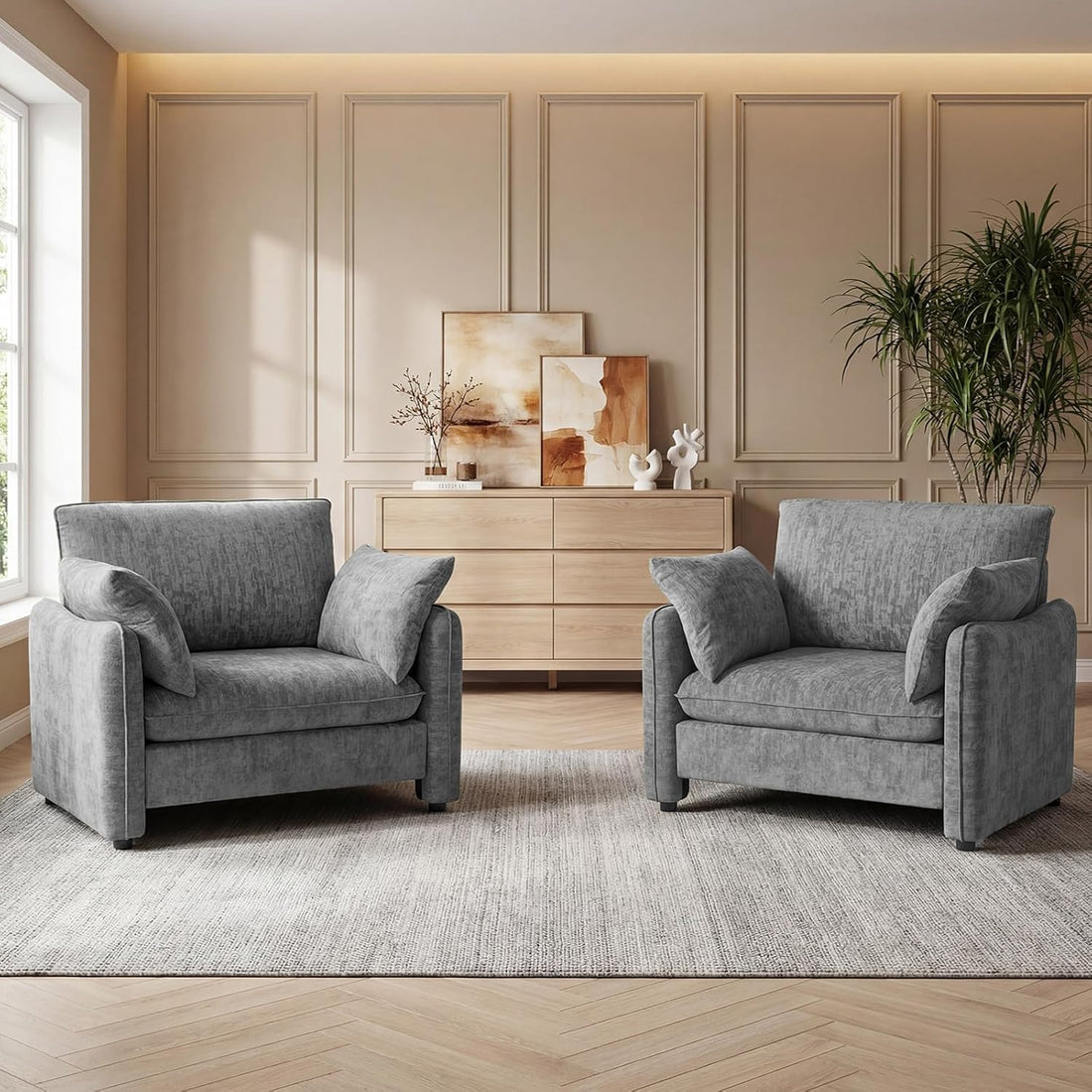 Accent Chair 42.1” Upholstered Modern Single Armchair – Ergonomic Backrest with 2 Pillows, Contemporary Piping Lounge Chai