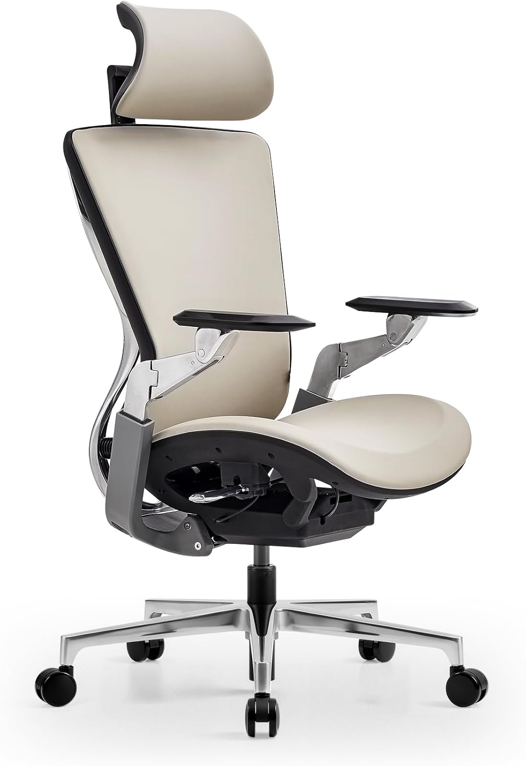 Ergonomic office chair with beige seat and backrest on a white background