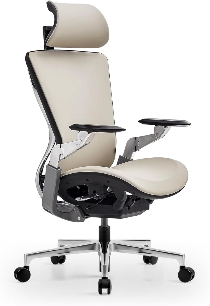 Ergonomic office chair with beige seat and backrest on a white background