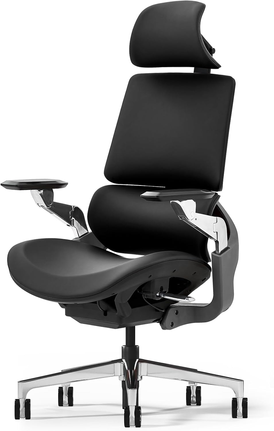 Black ergonomic office chair with adjustable headrest and armrests on a white background