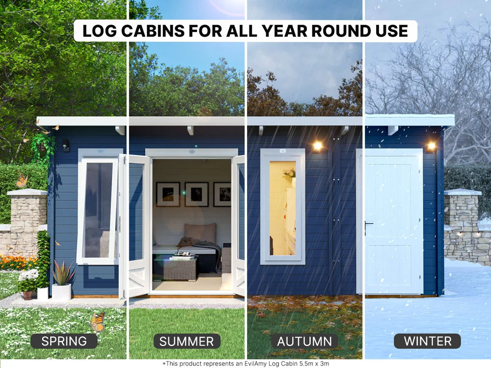 A promotional collage showing a blue log cabin outdoors in four seasons, with the text 'LOG CABINS FOR ALL YEAR ROUND USE' at the top. The cabin is shown in spring, summer, autumn, and winter scenes, with one panel open to reveal a furnished interior and another showing a closed white door.