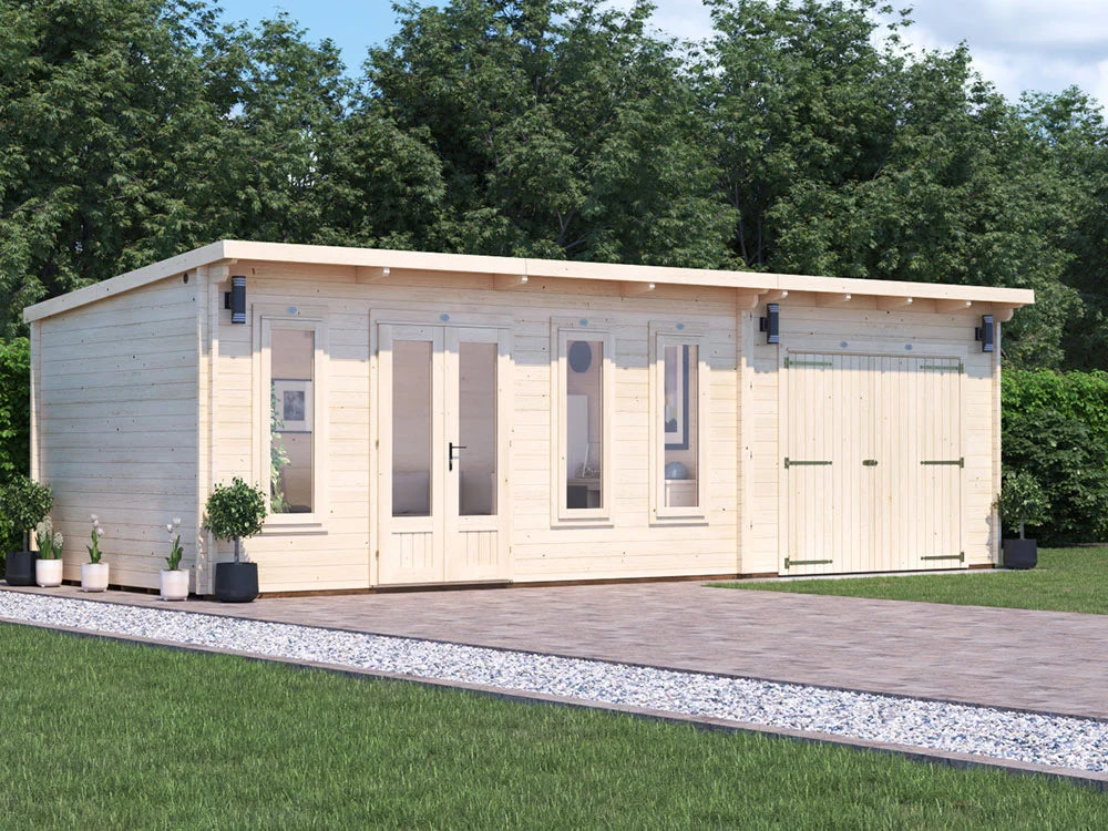 A light natural wood garden shed with multiple windows, double doors, and a garage-style door, shown outdoors on a paved lawn with trees in the background.
