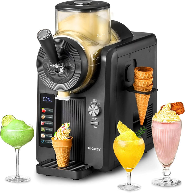 Black HICOZY slushy machine with ice cream cones and colorful drinks on a white background