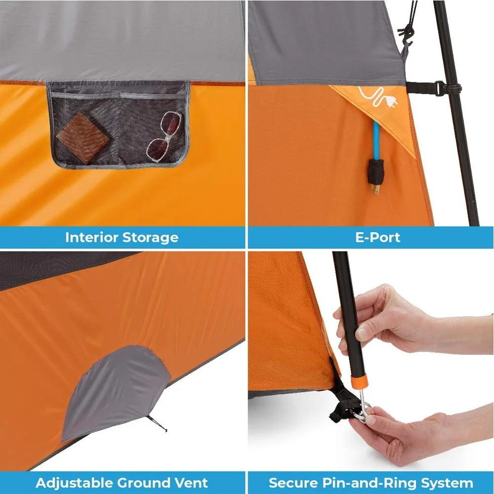 Collage of features of an orange and gray tent including interior storage, E-port, adjustable ground vent, and secure pin-and-ring system.