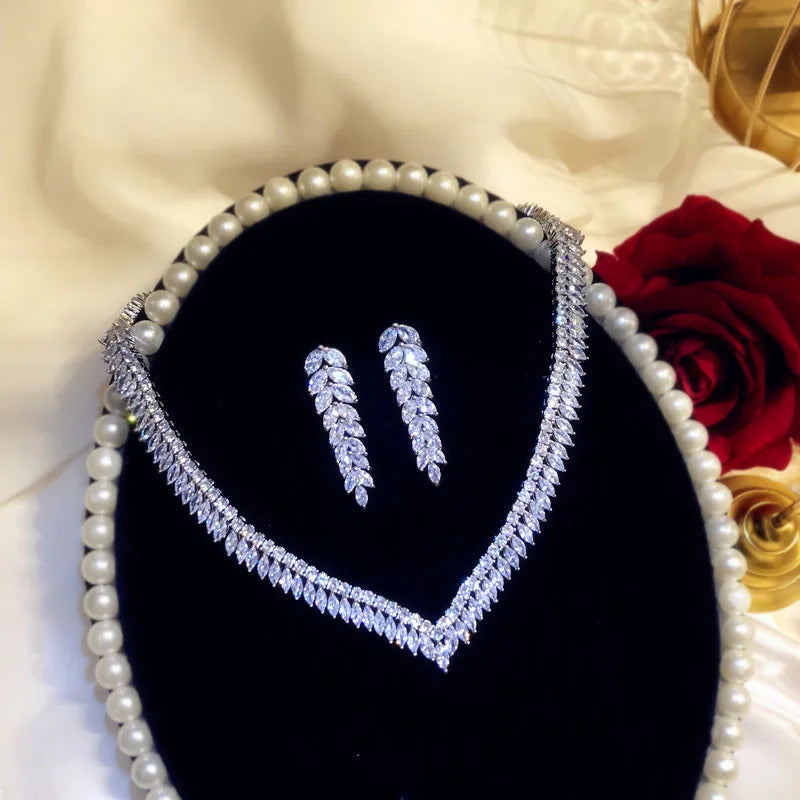 Women's S925 Sterling Silver Cubic Zirconia Leaf Bridal Jewelry Set