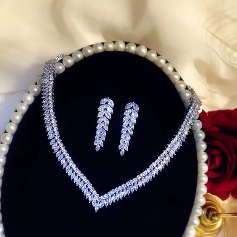 Women's S925 Sterling Silver Cubic Zirconia Leaf Bridal Jewelry Set