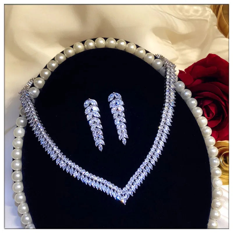 Women's S925 Sterling Silver Cubic Zirconia Leaf Bridal Jewelry Set