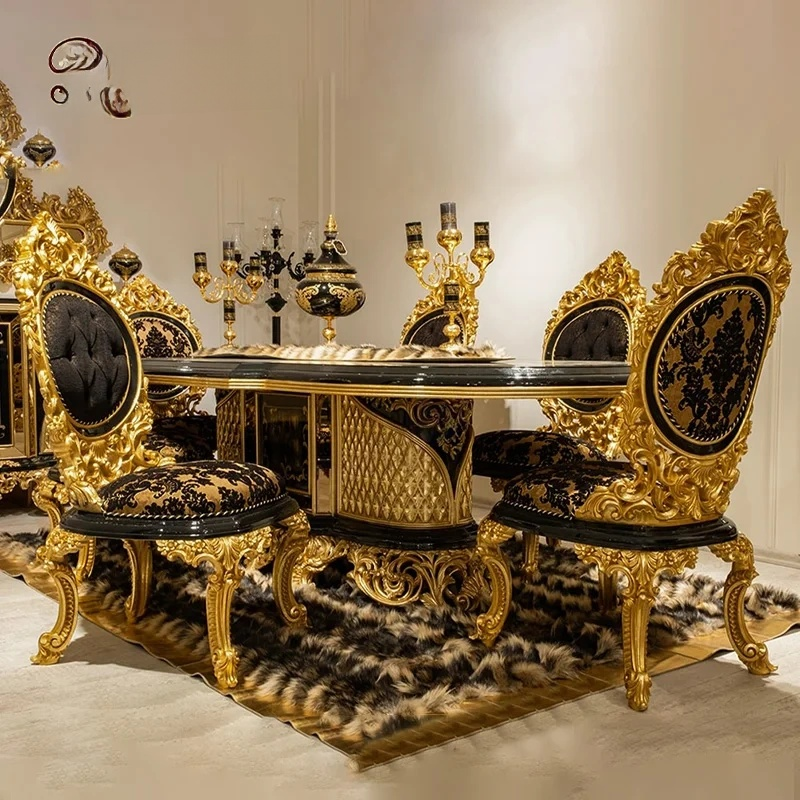 French Royal Villa Luxury High Gloss Antique Dining Room Set