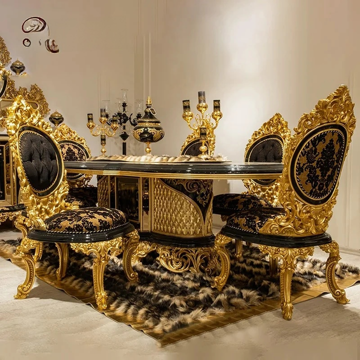 French Royal Villa Luxury High Gloss Antique Dining Room Set