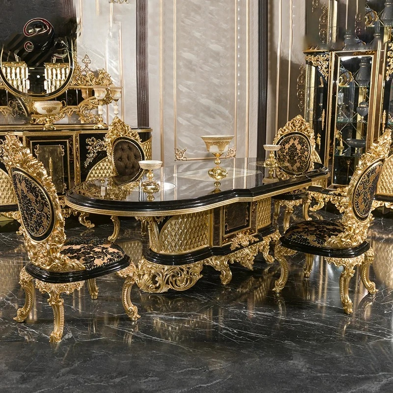 French Royal Villa Luxury High Gloss Antique Dining Room Set