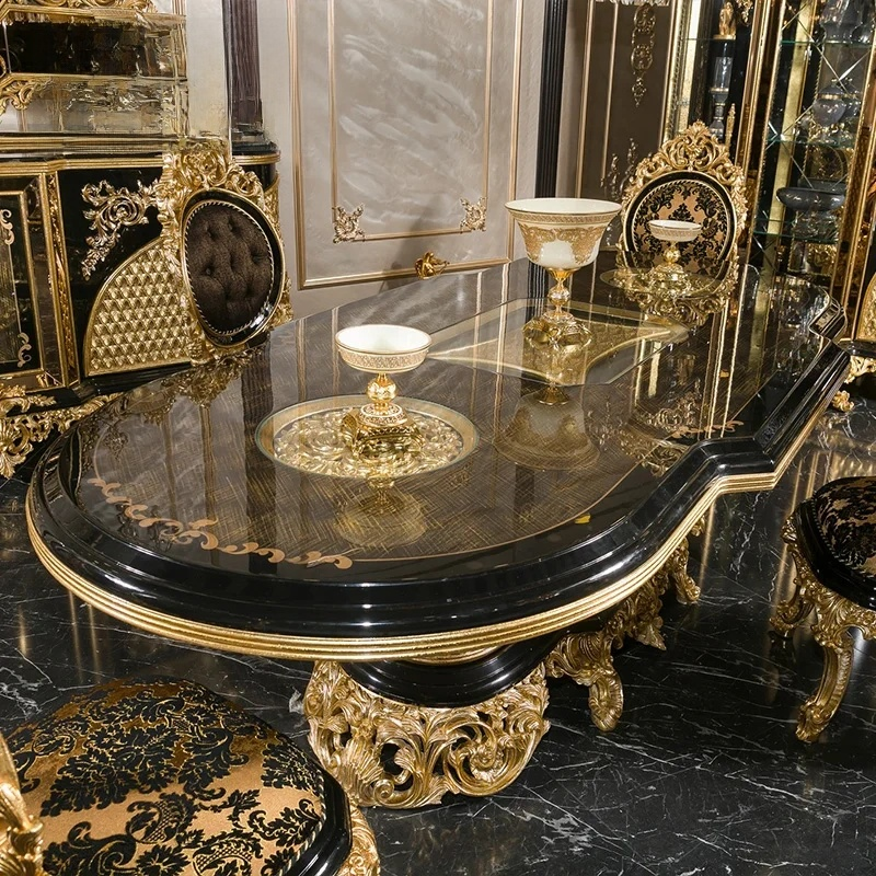 French Royal Villa Luxury High Gloss Antique Dining Room Set