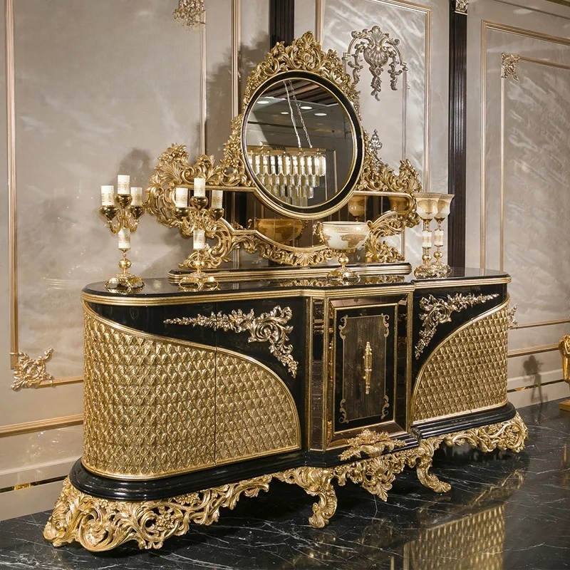 French Royal Villa Luxury High Gloss Antique Dining Room Set
