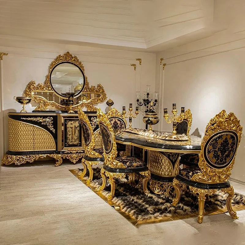 French Royal Villa Luxury High Gloss Antique Dining Room Set