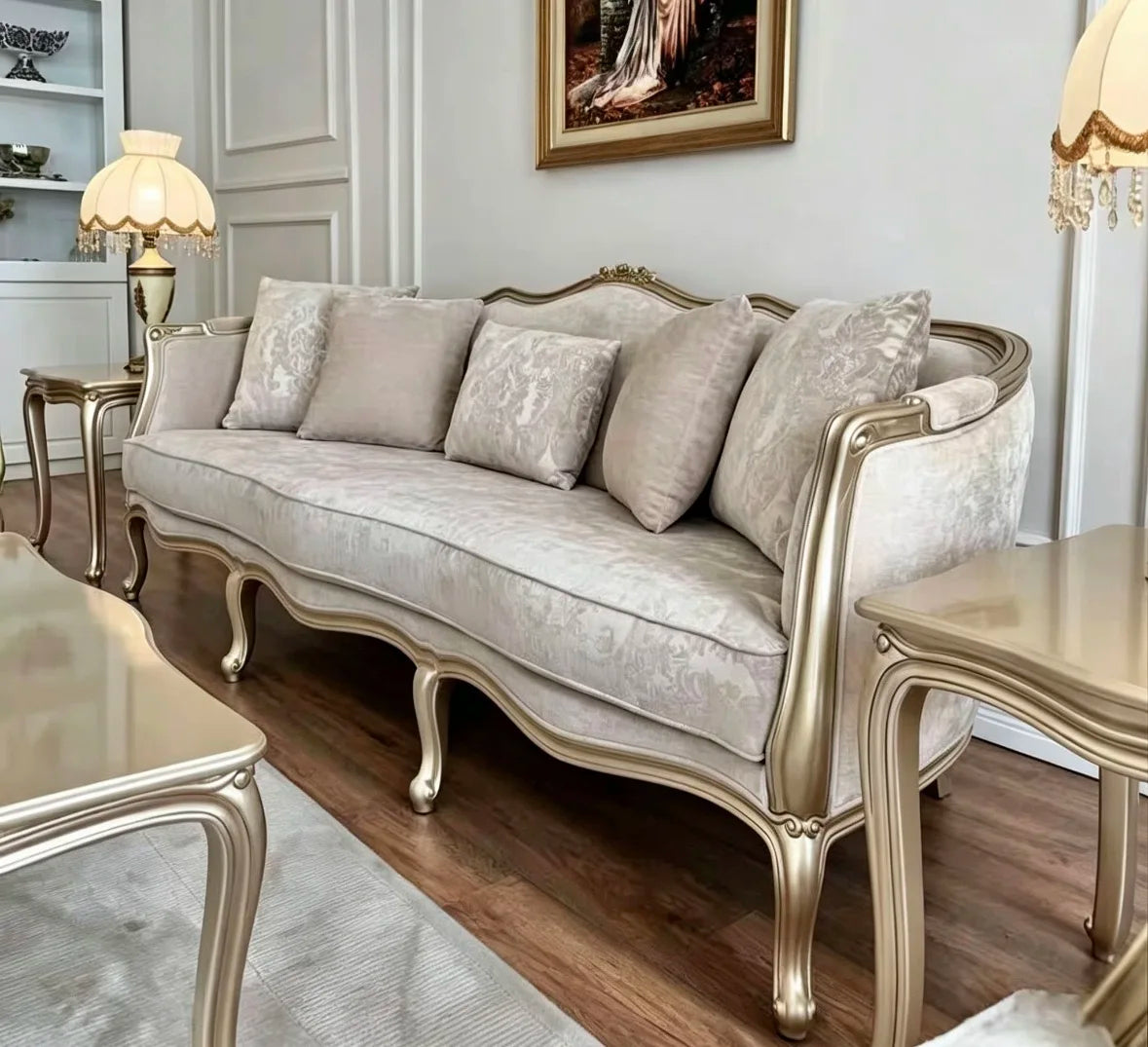 Modern Home French Solid Wood Luxury Sofa, Champagne Gold Interior Furniture