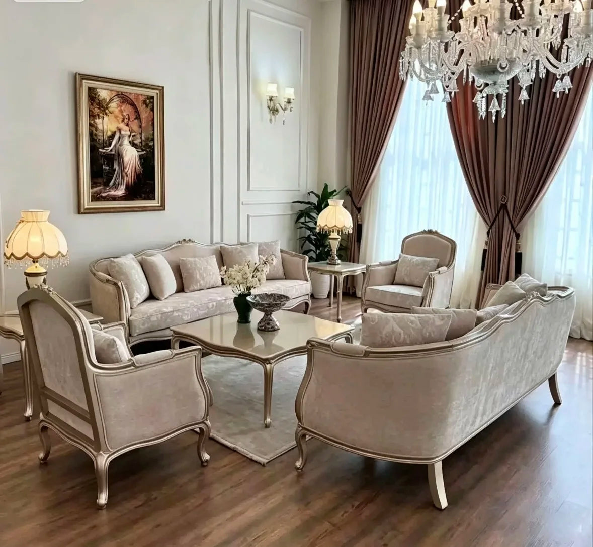 Modern Home French Solid Wood Luxury Sofa, Champagne Gold Interior Furniture