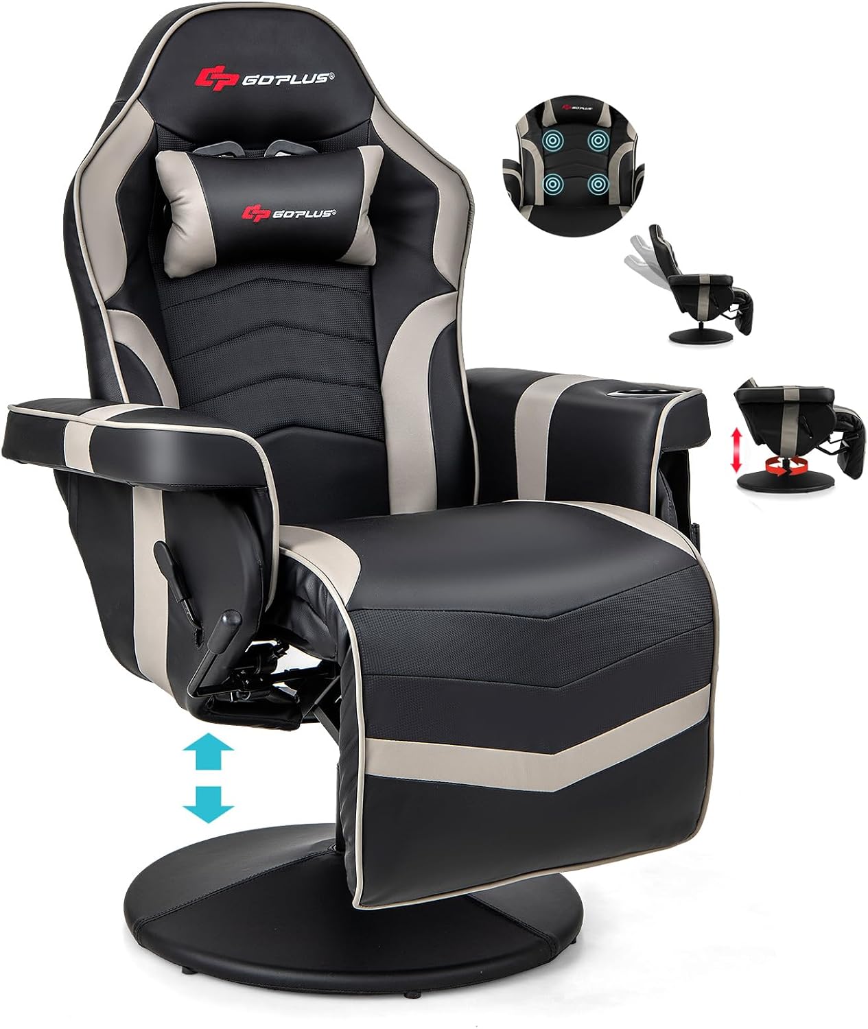 Black and gray gaming chair with massage and heat functions on a white background