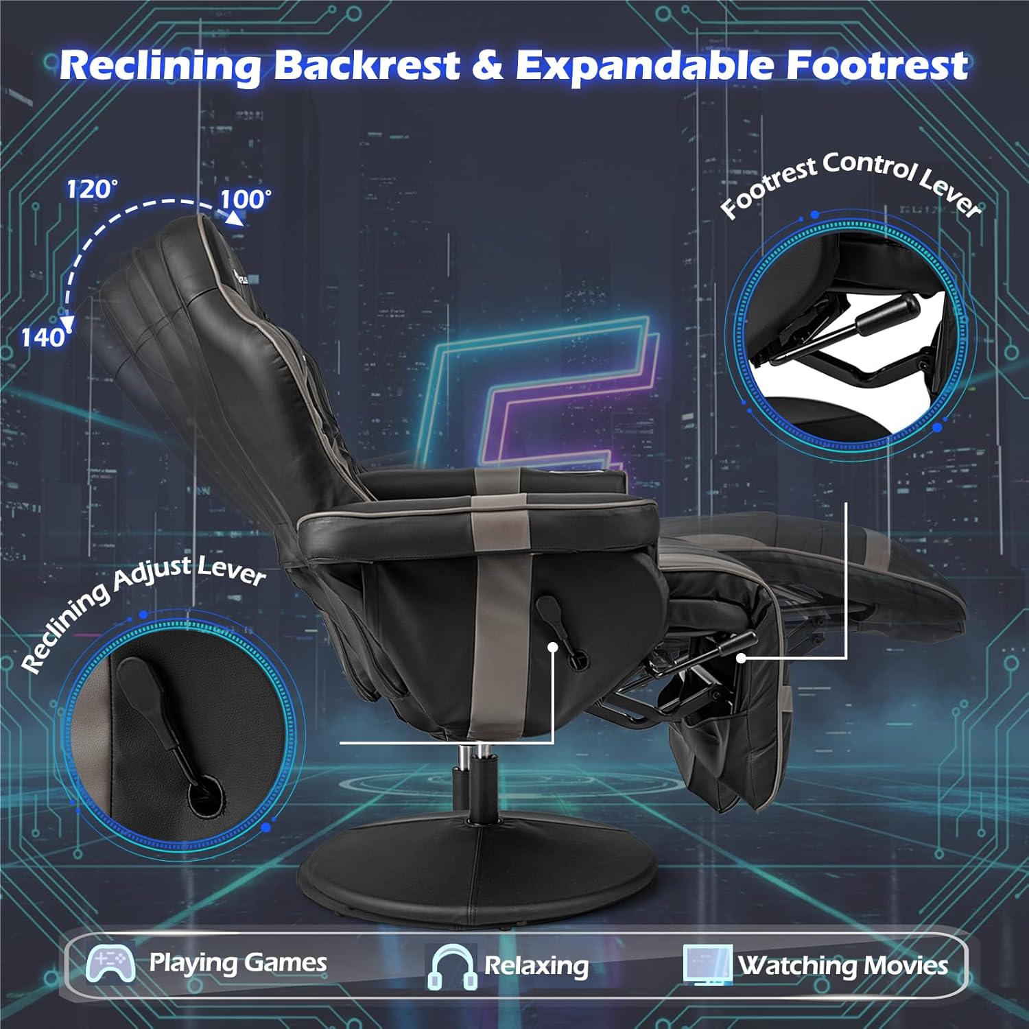 New Multipurpose Gaming Recliner Chair – Adjustable Massage Function with Footrest, Cup Holder & Side Pouch