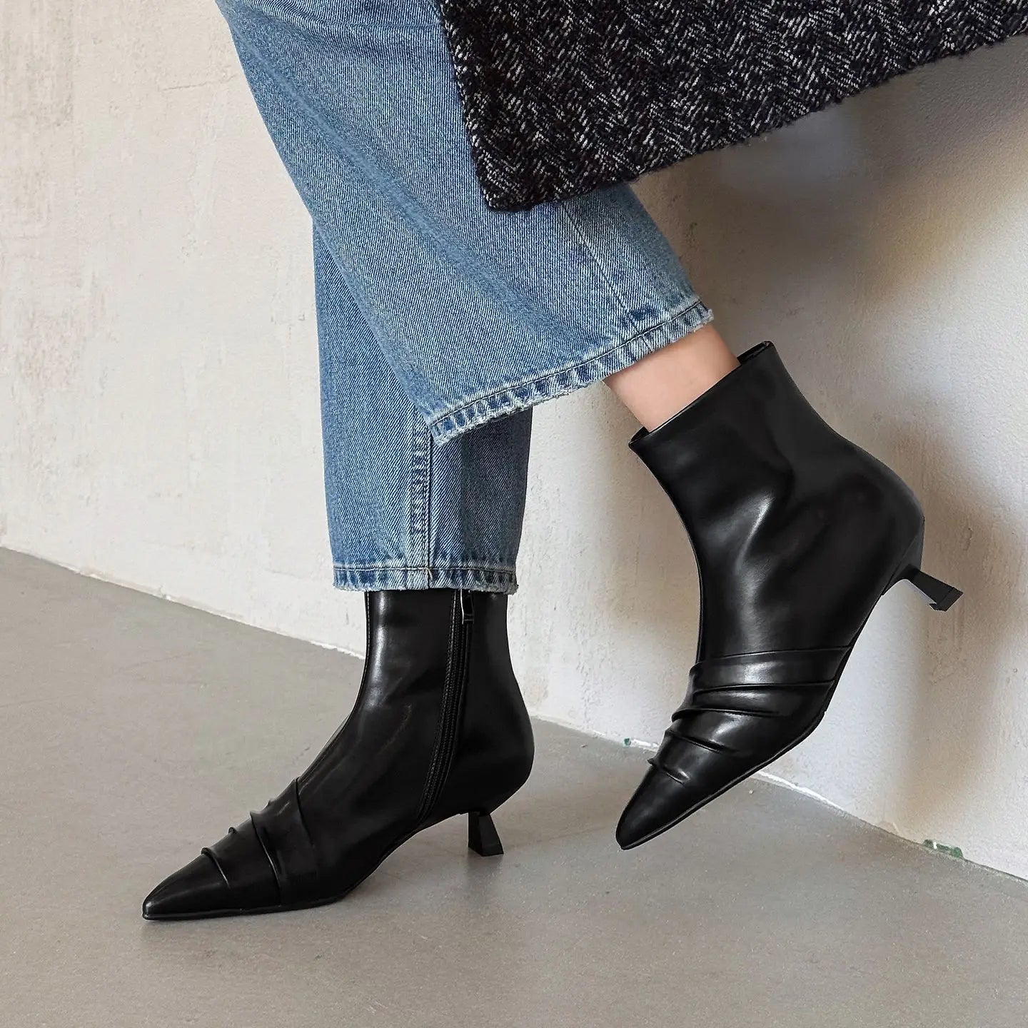 New Genuine Leather Slouch Ankle Boots – Elegant Pointed Toe Kitten Heels for Women