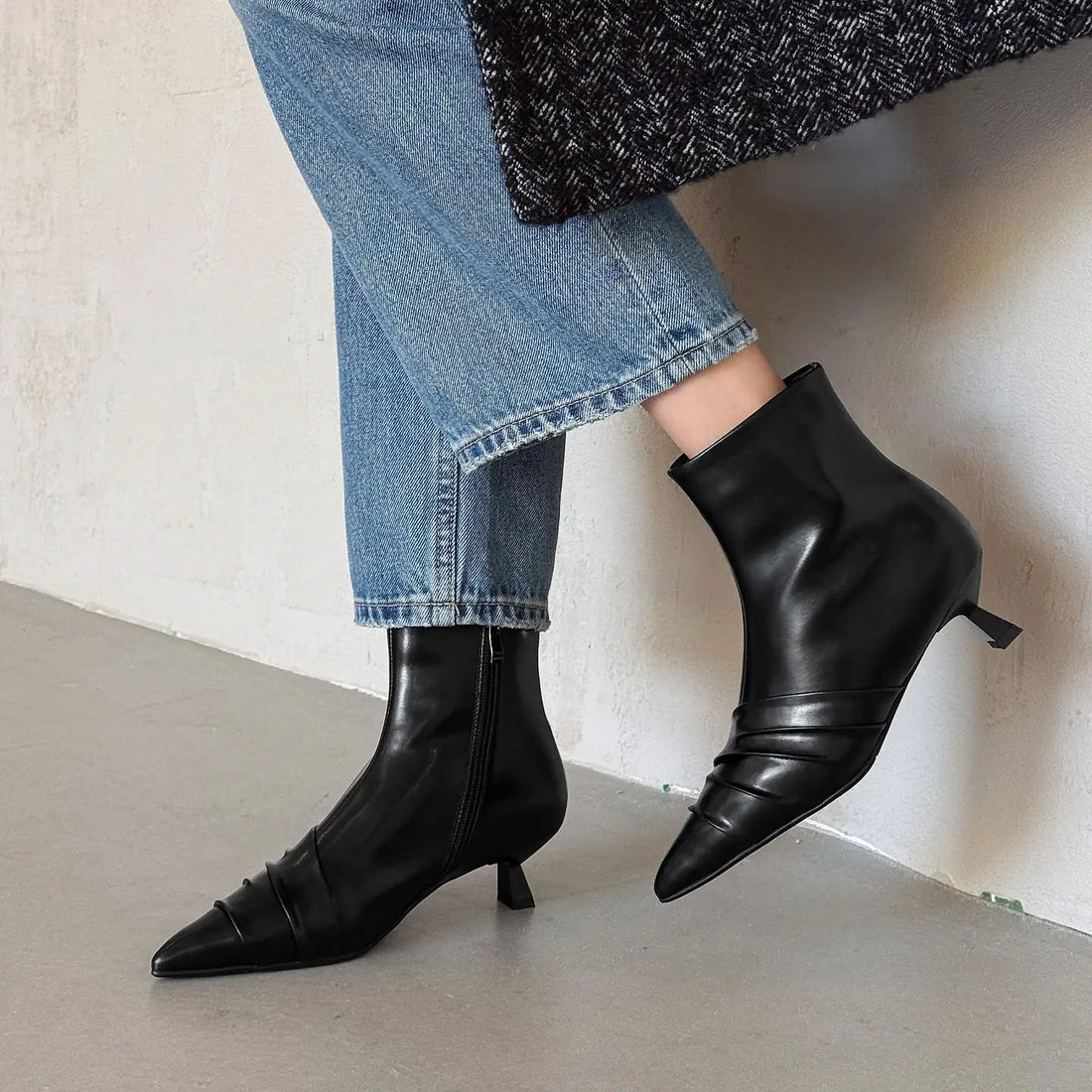 New Genuine Leather Slouch Ankle Boots – Elegant Pointed Toe Kitten Heels for Women
