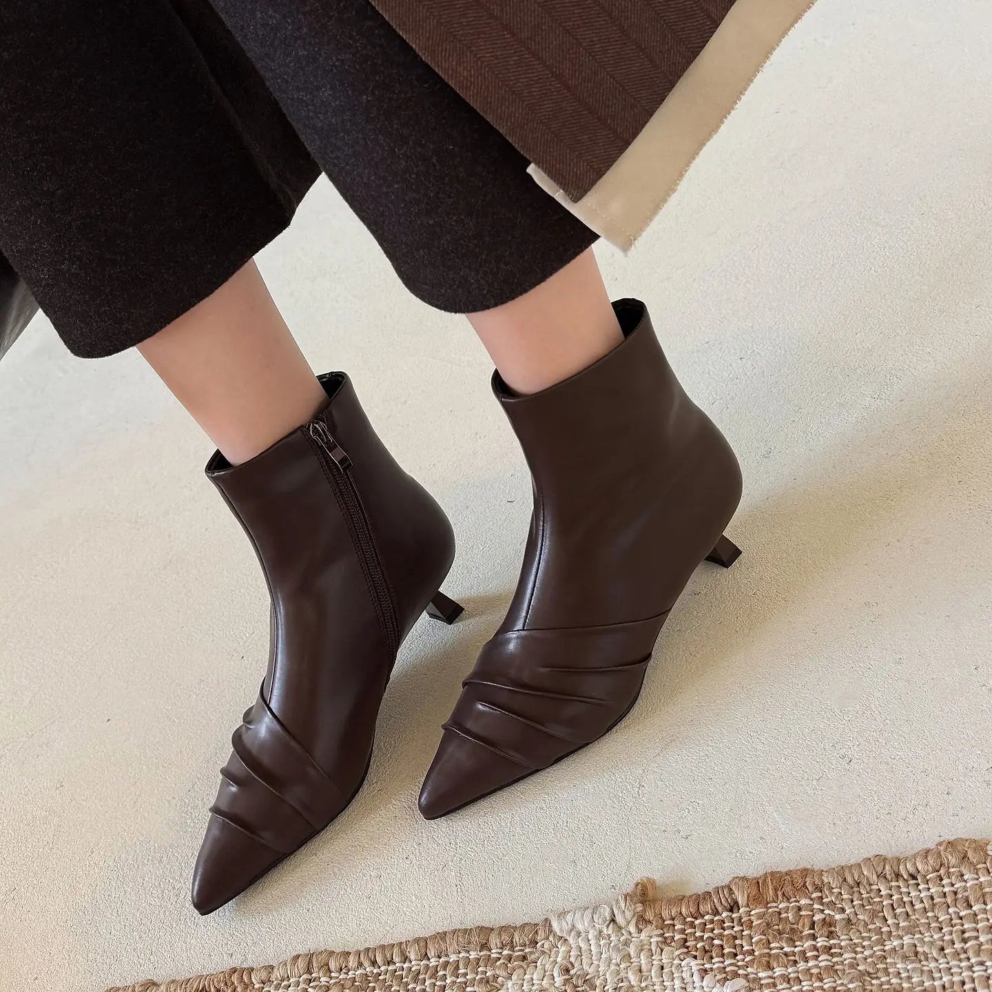New Genuine Leather Slouch Ankle Boots – Elegant Pointed Toe Kitten Heels for Women