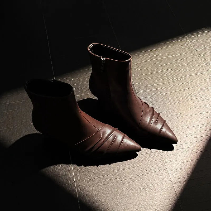 New Genuine Leather Slouch Ankle Boots – Elegant Pointed Toe Kitten Heels for Women