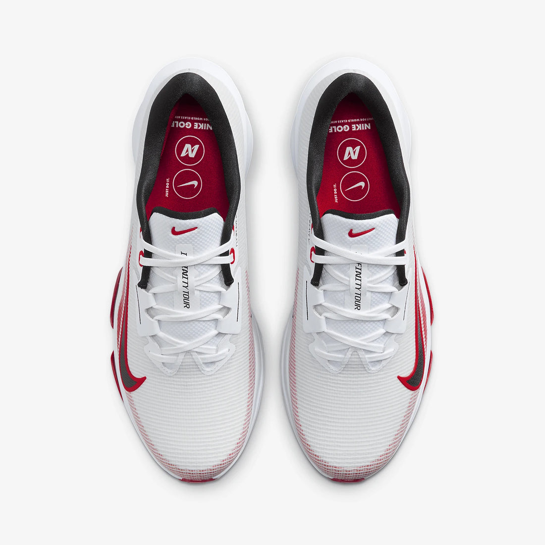 A pair of Nike running shoes in white, red, and black, shown from a top-down view on a light gray background.