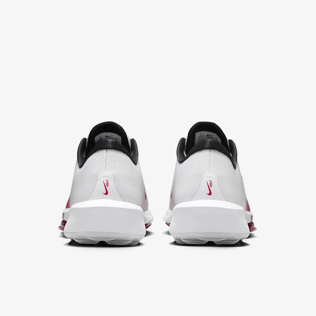 A pair of Nike sneakers shown from the back, featuring a white mesh upper, black collar lining, and a small red Nike Swoosh logo on the heel, set against a light gray background.