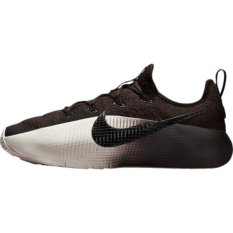 A Nike running shoe in dark brown and black with a white-to-black gradient midsole, shown from a side profile view on a white background.