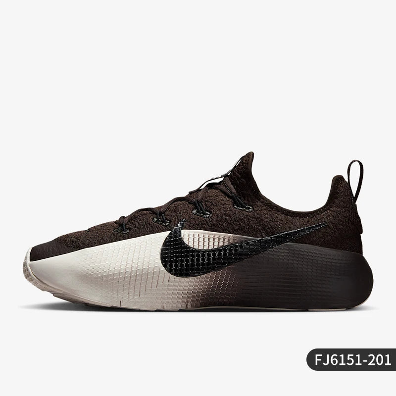 A Nike running shoe in dark brown and black with a white-to-black gradient midsole, shown from the side profile on a light gray background.