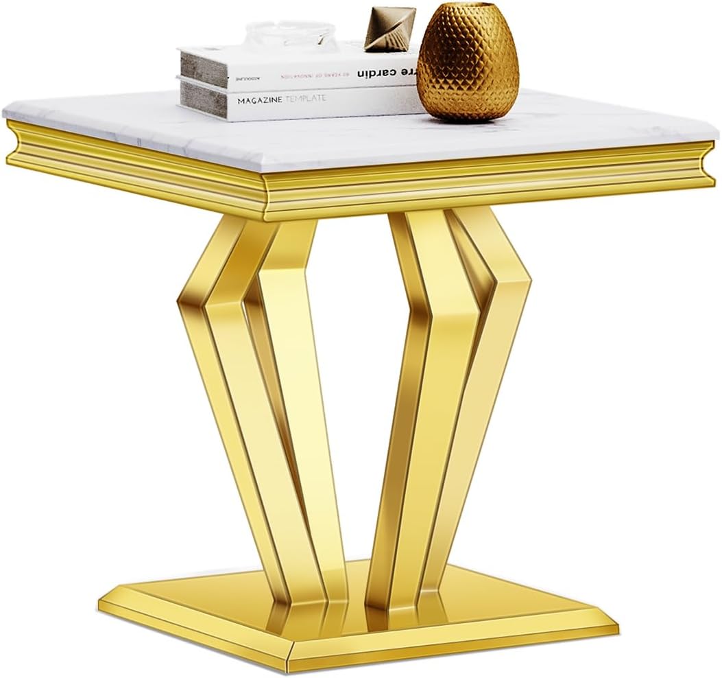 Vintage Gold Side Table – 22” Luxury Square End Table with Polished Finish & Geometric Base for Living Room or Office